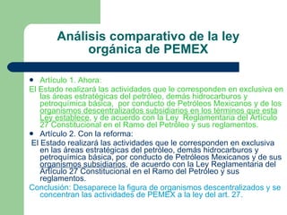 Análisis comparativo de la ley orgánica de PEMEX Artículo 1. Ahora: El Estado realizará las actividades que le corresponden en exclusiva en las áreas estratégicas del petróleo, demás hidrocarburos y petroquímica básica,  por conducto de Petróleos Mexicanos y de los  organismos descentralizados subsidiarios en los términos que esta   Ley establece , y de acuerdo con la Ley  Reglamentaria del Artículo 27 Constitucional en el Ramo del Petróleo y sus reglamentos.   Artículo 2. Con la reforma: El Estado realizará las actividades que le corresponden en exclusiva en las áreas estratégicas del petróleo, demás hidrocarburos y petroquímica básica, por conducto de Petróleos Mexicanos y de sus  organismos subsidiarios , de acuerdo con la Ley Reglamentaria del Artículo 27 Constitucional en el Ramo del Petróleo y sus reglamentos. Conclusión: Desaparece la figura de organismos descentralizados y se concentran las actividades de PEMEX a la ley del art. 27.  