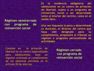 Régimen semicerrado  con programa de reinserción social Es la residencia obligatoria del adolescente en un centro de privación de libertad, sujeto a un programa de reinserción social a ser desarrollado tanto al interior del recinto, como en el medio libre. Una vez impuesta la pena y determinada su duración, el director del centro que haya sido designado para su cumplimiento, propondrá al tribunal un régimen o programa personalizado de actividades Consiste en  la privación de libertad en un centro especializado para adolescentes, bajo un régimen orientado al cumplimiento de los objetivos previstos en el artículo 20 de esta ley. Régimen cerrado  con programa de reinserción social 