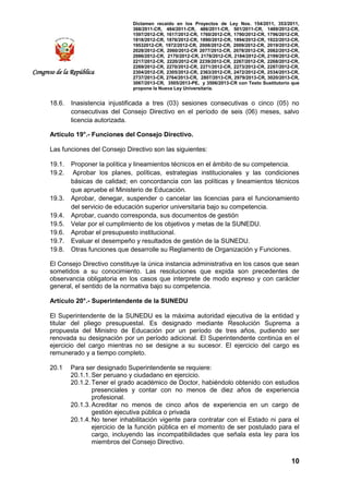 Dictamen recaído en los Proyectos de Ley Nos. 154/2011, 353/2011,
368/2011-CR, 484/2011-CR, 486/2011-CR, 501/2011-CR, 1489/2012-CR,
1597/2012-CR, 1617/2012-CR, 1760/2012-CR, 1790/2012-CR, 1796/2012-CR,
1818/2012-CR, 1876/2012-CR, 1890/2012-CR, 1894/2012-CR, 1922/2012-CR,
19532012-CR, 1972/2012-CR, 2008/2012-CR, 2009/2012-CR, 2019/2012-CR,
2028/2012-CR, 2060/2012-CR 2077/2012-CR, 2078/2012-CR, 2082/2012-CR,
2086/2012-CR, 2170/2012-CR, 2178/2012-CR, 2184/2012-CR, 2199/2012-CR,
2217/2012-CR, 2220/2012-CR 2239/2012-CR, 2267/2012-CR, 2268/2012-CR,
2269/2012-CR, 2270/2012-CR, 2271/2012-CR, 2273/2012-CR, 2287/2012-CR,
2304/2012-CR, 2305/2012-CR, 2363/2012-CR, 2472/2012-CR, 2534/2013-CR,
2737/2013-CR, 2764/2013-CR, 2807/2013-CR, 2979/2013-CR, 3020/2013-CR,
3067/2013-CR, 3505/2013-PE, y 3506/2013-CR con Texto Sustitutorio que
propone la Nueva Ley Universitaria.
10
Congreso de la República
18.6. Inasistencia injustificada a tres (03) sesiones consecutivas o cinco (05) no
consecutivas del Consejo Directivo en el período de seis (06) meses, salvo
licencia autorizada.
Artículo 19°.- Funciones del Consejo Directivo.
Las funciones del Consejo Directivo son las siguientes:
19.1. Proponer la política y lineamientos técnicos en el ámbito de su competencia.
19.2. Aprobar los planes, políticas, estrategias institucionales y las condiciones
básicas de calidad; en concordancia con las políticas y lineamientos técnicos
que apruebe el Ministerio de Educación.
19.3. Aprobar, denegar, suspender o cancelar las licencias para el funcionamiento
del servicio de educación superior universitaria bajo su competencia.
19.4. Aprobar, cuando corresponda, sus documentos de gestión
19.5. Velar por el cumplimiento de los objetivos y metas de la SUNEDU.
19.6. Aprobar el presupuesto institucional.
19.7. Evaluar el desempeño y resultados de gestión de la SUNEDU.
19.8. Otras funciones que desarrolle su Reglamento de Organización y Funciones.
El Consejo Directivo constituye la única instancia administrativa en los casos que sean
sometidos a su conocimiento. Las resoluciones que expida son precedentes de
observancia obligatoria en los casos que interprete de modo expreso y con carácter
general, el sentido de la normativa bajo su competencia.
Artículo 20°.- Superintendente de la SUNEDU
El Superintendente de la SUNEDU es la máxima autoridad ejecutiva de la entidad y
titular del pliego presupuestal. Es designado mediante Resolución Suprema a
propuesta del Ministro de Educación por un período de tres años, pudiendo ser
renovada su designación por un período adicional. El Superintendente continúa en el
ejercicio del cargo mientras no se designe a su sucesor. El ejercicio del cargo es
remunerado y a tiempo completo.
20.1 Para ser designado Superintendente se requiere:
20.1.1. Ser peruano y ciudadano en ejercicio.
20.1.2. Tener el grado académico de Doctor, habiéndolo obtenido con estudios
presenciales y contar con no menos de diez años de experiencia
profesional.
20.1.3. Acreditar no menos de cinco años de experiencia en un cargo de
gestión ejecutiva pública o privada
20.1.4. No tener inhabilitación vigente para contratar con el Estado ni para el
ejercicio de la función pública en el momento de ser postulado para el
cargo, incluyendo las incompatibilidades que señala esta ley para los
miembros del Consejo Directivo.
 