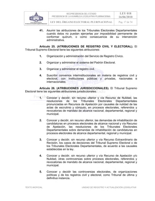 VICEPRESIDENCIA DEL ESTADO                   LEY 018
                       PRESIDENCIA DE LA ASAMBLEA LEGISLATIVA PLURINACIONAL     16/06/2010
                      LEY DEL ÓRGANO ELECTORAL PLURINACIONAL                    Pag. 17 de 54


            41.    Asumir las atribuciones de los Tribunales Electorales Departamentales
                   cuando éstos no puedan ejercerlas por imposibilidad permanente de
                   conformar quórum, o como consecuencia de su intervención
                   administrativa.

           Artículo 25. (ATRIBUCIONES DE REGISTRO CIVIL Y ELECTORAL). El
Tribunal Supremo Electoral tiene las siguientes atribuciones:

            1.     Organización y administración del Servicio de Registro Cívico.

            2.     Organizar y administrar el sistema del Padrón Electoral.

            3.     Organizar y administrar el registro civil.

            4.     Suscribir convenios interinstitucionales en materia de registros civil y
                   electoral, con instituciones públicas y privadas, nacionales e
                   internacionales.

             Artículo 26. (ATRIBUCIONES JURISDICCIONALES). El Tribunal Supremo
Electoral tiene las siguientes atribuciones jurisdiccionales:

            1.     Conocer y decidir, sin recurso ulterior y vía Recurso de Nulidad, las
                   resoluciones de los Tribunales Electorales Departamentales
                   pronunciadas en Recursos de Apelación por causales de nulidad de las
                   actas de escrutinio y cómputo, en procesos electorales, referendos y
                   revocatorias de mandato de alcance nacional, departamental, regional y
                   municipal.

            2.     Conocer y decidir, sin recurso ulterior, las demandas de inhabilitación de
                   candidaturas en procesos electorales de alcance nacional y vía Recurso
                   de Apelación, las resoluciones de los Tribunales Electorales
                   Departamentales sobre demandas de inhabilitación de candidaturas en
                   procesos electorales de alcance departamental, regional y municipal.

            3.     Conocer y decidir, sin recurso ulterior y vía Recurso Extraordinario de
                   Revisión, los casos de decisiones del Tribunal Supremo Electoral o de
                   los Tribunales Electorales Departamentales, de acuerdo a las causales
                   establecidas en la ley.

            4.     Conocer y decidir, sin recurso ulterior y vía Recurso de Apelación y/o
                   Nulidad, otras controversias sobre procesos electorales, referendos y
                   revocatorias de mandato de alcance nacional, departamental, regional y
                   municipal.

            5.     Conocer y decidir las controversias electorales, de organizaciones
                   políticas y de los registros civil y electoral, como Tribunal de última y
                   definitiva instancia.


TEXTO INOFICIAL.                                 UNIDAD DE REGISTRO Y ACTUALIZACIÓN LEGISLATIVA
 