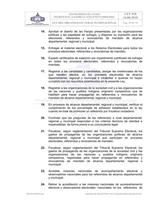 VICEPRESIDENCIA DEL ESTADO                   LEY 018
                       PRESIDENCIA DE LA ASAMBLEA LEGISLATIVA PLURINACIONAL     16/06/2010
                     LEY DEL ÓRGANO ELECTORAL PLURINACIONAL                     Pag. 28 de 54


            14.    Aprobar el diseño de las franjas presentadas por las organizaciones
                   políticas y las papeletas de sufragio, y disponer su impresión para las
                   elecciones, referendos y revocatorias de mandato de alcance
                   departamental, regional y municipal.

            15.    Entregar el material electoral a los Notarios Electorales para todos los
                   procesos electorales, referendos y revocatorias de mandato.

            16.    Expedir certificados de exención por impedimento justificado de sufragio
                   en todos los procesos electorales, referendos y revocatorias de
                   mandato.

            17.    Registrar a las candidatas y candidatos, otorgar las credenciales de los
                   que resulten electos, en los procesos electorales de alcance
                   departamental, regional y municipal e inhabilitar a quienes no hayan
                   cumplido con los requisitos establecidos en la presente Ley.

            18.    Registrar a las organizaciones de la sociedad civil y a las organizaciones
                   de las naciones y pueblos indígena originario campesinos que se
                   habiliten para hacer propaganda en referendos y revocatorias de
                   mandato de alcance departamental, regional y municipal.

            19.    En procesos de alcance departamental, regional y municipal, verificar el
                   cumplimiento de los porcentajes de adhesión establecidos en la ley
                   cuando se trate de promover un referendo por iniciativa ciudadana.

            20.    Controlar que las preguntas de los referendos a nivel departamental,
                   regional y municipal respondan a los criterios técnicos de claridad e
                   imparcialidad, de forma previa a su convocatoria legal.

            21.    Fiscalizar, según reglamentación del Tribunal Supremo Electoral, los
                   gastos de propaganda de las organizaciones políticas de alcance
                   departamental, regional o municipal que participen en procesos
                   electorales, referendos y revocatorias de mandato.

            22.    Fiscalizar, según reglamentación del Tribunal Supremo Electoral, los
                   gastos de propaganda de las organizaciones de la sociedad civil y las
                   organizaciones de las naciones y pueblos indígena originario
                   campesinos, registradas para hacer propaganda en referendos y
                   revocatorias de mandato de alcance departamental, regional o
                   municipal.

            23.    Acreditar misiones nacionales de acompañamiento electoral y
                   observadores nacionales para los referendos de alcance departamental
                   y municipal.

            24.    Retirar la acreditación a las misiones nacionales de acompañamiento
                   electoral y observadores electorales nacionales, en los referendos de

TEXTO INOFICIAL.                                 UNIDAD DE REGISTRO Y ACTUALIZACIÓN LEGISLATIVA
 