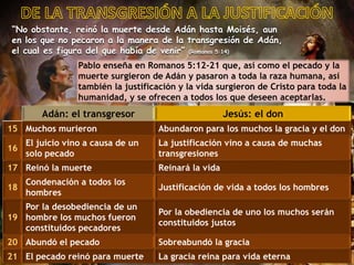 “No obstante, reinó la muerte desde Adán hasta Moisés, aun
en los que no pecaron a la manera de la transgresión de Adán,
el cual es figura del que había de venir” (Romanos 5:14)
Pablo enseña en Romanos 5:12-21 que, así como el pecado y la
muerte surgieron de Adán y pasaron a toda la raza humana, así
también la justificación y la vida surgieron de Cristo para toda la
humanidad, y se ofrecen a todos los que deseen aceptarlas.
Adán: el transgresor Jesús: el don
15 Muchos murieron Abundaron para los muchos la gracia y el don
16
El juicio vino a causa de un
solo pecado
La justificación vino a causa de muchas
transgresiones
17 Reinó la muerte Reinará la vida
18
Condenación a todos los
hombres
Justificación de vida a todos los hombres
19
Por la desobediencia de un
hombre los muchos fueron
constituidos pecadores
Por la obediencia de uno los muchos serán
constituidos justos
20 Abundó el pecado Sobreabundó la gracia
21 El pecado reinó para muerte La gracia reina para vida eterna
 
