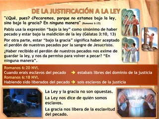 “¿Qué, pues? ¿Pecaremos, porque no estamos bajo la ley,
sino bajo la gracia? En ninguna manera” (Romanos 6:15)
Pablo usa la expresión “bajo la ley” como sinónimo de haber
pecado y estar bajo la maldición de la ley (Gálatas 3:10, 13)
Por otra parte, estar “bajo la gracia” significa haber aceptado
el perdón de nuestros pecados por la sangre de Jesucristo.
¿Haber recibido el perdón de nuestros pecados nos exime de
guardar la ley, y nos da permiso para volver a pecar? “En
ninguna manera”.
Romanos 6:20 NVI.
Cuando erais esclavos del pecado  estabais libres del dominio de la justicia
Romanos 6:18 NVI.
Habiendo sido liberados del pecado  sois esclavos de la justicia
La Ley y la gracia no son opuestas.
La Ley nos dice de quién somos
esclavos.
La gracia nos libera de la esclavitud
del pecado.
 