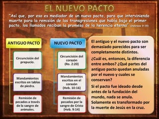 ““Así que, por eso es mediador de un nuevo pacto, para que interviniendoAsí que, por eso es mediador de un nuevo pacto, para que interviniendo
muerte para la remisión de las transgresiones que había bajo el primermuerte para la remisión de las transgresiones que había bajo el primer
pacto, los llamados reciban la promesa de la herencia eterna”pacto, los llamados reciban la promesa de la herencia eterna” (Hebreos 9:15)(Hebreos 9:15)
El antiguo y el nuevo pacto son
demasiado parecidos para ser
completamente distintos.
¿Cuál es, entonces, la diferencia
entre ambos? ¿Qué partes del
antiguo pacto quedan anuladas
por el nuevo y cuales se
conservan?
Si el pacto fue ideado desde
antes de la fundación del
mundo, nada se anula.
Solamente es transformado por
la muerte de Jesús en la cruz.
 