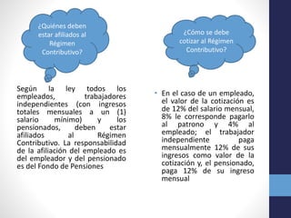 Según la ley todos los
empleados, trabajadores
independientes (con ingresos
totales mensuales a un (1)
salario mínimo) y los
pensionados, deben estar
afiliados al Régimen
Contributivo. La responsabilidad
de la afiliación del empleado es
del empleador y del pensionado
es del Fondo de Pensiones
• En el caso de un empleado,
el valor de la cotización es
de 12% del salario mensual,
8% le corresponde pagarlo
al patrono y 4% al
empleado; el trabajador
independiente paga
mensualmente 12% de sus
ingresos como valor de la
cotización y, el pensionado,
paga 12% de su ingreso
mensual
¿Quiénes deben
estar afiliados al
Régimen
Contributivo?
¿Cómo se debe
cotizar al Régimen
Contributivo?
 