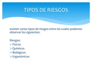 existen varios tipos de riesgos entre los cuales podemos
observar los siguientes:
Riesgos:
Físicos
Químicos
Biológicos
Ergonómicos
TIPOS DE RIESGOS
 