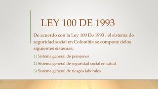 LEY 100 DE 1993
De acuerdo con la Ley 100 De 1993 , el sistema de
seguridad social en Colombia se compone delos
siguientes sistemas:
1) Sistema general de pensiones
2) Sistema general de seguridad social en salud
3) Sistema general de riesgos laborales
 