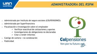 o Administrado por Instituto de seguro sociales (COLPENSIONES)
o Administrado por Superfinanciera
o Fiscalización e Investigación sobre el empleador
 Verificar exactitud de cotizaciones y aportes
 Investigaciones de obligaciones no declaradas
 Citar a rendir informes
o Castigo de cartera = no condonación
o Publicidad
ADMINISTRADORA DEL RSPM
 