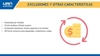 EXCLUSIONES Y OTRAS CARACTERISTICAS
• Pensionados por invalidez
• 55 años hombres y 50 años mujeres
• Cotizaciones Voluntarias: Valores superiores a los mínimos
• AFP Enviar extractos sumas depositadas, rendimientos y saldos
 