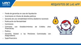 REQUISITOS DE LAS AFP
• Fondo de garantías en caso de liquidación
• Inversiones en títulos de deudas publicas
• Garantía de una rentabilidad mínima (Gobierno nacional)
• Publicación de Rentabilidad
• Comisiones
• Contratos con Establecimientos de Crédito (Inst
financieras)
• Publica
• Garantía Estatal a las Pensiones Contratadas con
Aseguradoras.
• Superfinanciera
 