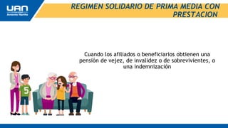 REGIMEN SOLIDARIO DE PRIMA MEDIA CON
PRESTACION
Cuando los afiliados o beneficiarios obtienen una
pensión de vejez, de invalidez o de sobrevivientes, o
una indemnización
 