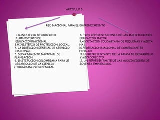 ARTICULO 5 .                                                RED NACIONAL PARA EL EMPRENDIMIENTO          1. MINISTERIO DE COMERCIO.                             8. TRES REPESENTACIONES DE LAS INSTITUCIONES           2. MINISTERIO DE                                                EDUCACION MAYOR.          EDUCACIONNACIONAL.                                        9.ASOCIACION COLOMBIANA DE PEQUEÑAS Y MEDIA         3.MINISTERIO DE PROTECCION SOCIAL.            NAS.         4. LA DIRECCION GENERAL DE SERVICIO            10.FEDERACION NACIONAL DE COMERCIANTES           NACIONAL.                                                            FENALCO.         5. DEPARTAMENTO NACIONAL DE                        11. UN REPRESENTANTE DE LA BANCA DE DESARROLLO         PLANEACION.                                                          Y MICROCREDITO.         6. INSTITUCION COLOMBIANA PARA LE             12. UN REPRESENTANTE DE LAS ASOCIACIONES DE          DESARROLLO DE LA CIENCIA .                              JOVENES EMPRESRIOS.        7. PROGRAMA  PRESIDENCIAL.