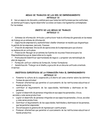 MESAS DE TRABAJOS DE LAS RED DE EMPRENDIMIENTO
ARTICULO 10
 Son un espacio de discusión y análisis para que todas las instituciones que las conforman,
se sientan participes y logren desarrollar acciones con base a los ligamentos contemplados
Por las mismas.
OBJETO DE LAS MESAS DE TRABAJO
ARTICULO 11
 Sistemas de información: Articular y estructurar toda la información generada en las mesas
de trabajo en un sistema de información
 Capacitación empresarial y sostenibilidad: diseñar dinamizar en modelo que diagnostique
la gestión de las empresas, mercado, finanzas
 Creación de empresas: Iniciación de operaciones de la empresas para que alcance
su maduración en corto plazo
 Financiación: Recoger en un sistema las fuentes de recursos financieros para los
Emprendimientos que se desarrollan en la región.
 Preincubaciòn:Identificar oportunidades de negocio y proponer una metodología de
plan de negocios,
 Formación: unificar créditos de formación, formar formadores
 Sensibilización: Trabajar en el diseño y ejecución de un discurso unificado orientado
A motivar.
OBJETIVOS ESPECIFICOS DE LA FORMACIÒN PARA EL EMPRENDIMIENTO
ARTICULO 12
 Fomentar la cultura de la cooperación y el ahorro así como orientar sobre las distintas
formas de asociatividad
 Promover alternativas que permitan el acercamiento de las instituciones educativas al
mundo productivo
 contribuir al mejoramiento de las capacidades, habilidades y destrezas en las
personas
 Lograr el desarrollo de personas integrales en sus aspectos personales, cívicos,
sociales y como seres productivos
 Lograr el desarrollo de personas integrales en sus aspectos personales, cívicos, sociales
y como seres productivos;
 Contribuir al mejoramiento de las capacidades, habilidades y destrezas en las personas,
que les permitan emprender
 Iniciativas para la generación de ingresos por cuenta propia;
 Promover alternativas que permitan el acercamiento de las instituciones educativas al
mundo productivo;
 