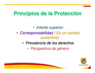 Principios de la Protección

          • Interés superior
 • Corresponsabilidad ( Es un cambio
               sustantivo)
    • Prevalencia de los derechos
       • Perspectiva de género
 
