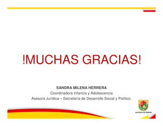 !MUCHAS GRACIAS!

                SANDRA MILENA HERRERA
           Coordinadora Infancia y Adolescencia
 Asesora Jurídica – Secretaría de Desarrollo Social y Político.
 