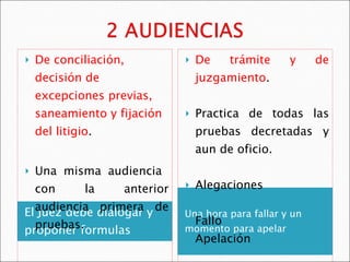 El Juez debe dialogar y proponer formulas Una hora para fallar y un momento para apelar De conciliación, decisión de excepciones previas, saneamiento y fijación del litigio . Una misma audiencia  con la anterior audiencia primera de pruebas. De trámite y de juzgamiento . Practica de todas las pruebas decretadas y aun de oficio. Alegaciones  Fallo Apelación 