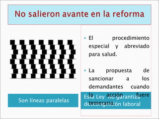 Son líneas paralelas Esta Ley  no garantiza descongestión laboral El procedimiento especial y abreviado para salud. La propuesta de sancionar a los demandantes cuando la acción fuere temeraria. 