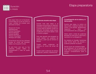 Duración:
6 meses
Etapa preparatoria
Esta etapa inicia con la Imputación
Formal etapa en la que se busca la
mayor cantidad de pruebas para
demostrar el hecho.
•Inspección Ocular
•Declaraciones
•Pericia Psicológica
•Pericia Biológica
•Pericia Genética
•Pericia Toxicológica
•Anticipo de Prueba
Si la/el fiscal cree que hay suficiente
prueba en contra del Imputado
realiza una Acusación Formal.
Si la/el fiscal cree que no hay
suficiente prueba realiza un
sobreseimiento y este se puede
objetar.
Audiencias durante esta etapa.
Durante toda esta etapa si el
Imputado se encontrara en detención
preventiva, puede solicitar la cesación
y buscar estar en libertad. Si esta con
detención domiciliaria puede buscar
modificación para tener salidas o solo
ir a firmar a juzgado.
Ante esta decisión la/el abogado (o)
puede solicitar una audiencia de
apelación y pedir que se rechace su
libertad.
Pueden existir audiencias de
reclamos en contra del actuar del
fiscal.
Pueden existir audiencias de anticipo
Inspección, pericias y declaraciones.
La participación de la víctima y /o
denunciante.
Durante esta etapa, la victima y/o
denunciante, colaboran llevando a la
víctima, a las pericias, declaraciones,
Inspección y otros con
acompañamiento de su abogada (o).
Deben asistir a todas las audiencias
llamadas por el/la juez/a o el/la fiscal y
reuniones con su abogada (o).
Se presenta la Querella, haciéndose
parte formal dentro del proceso y
pudiendo presentar Acusación.
Revisar buzón de ciudadanía digital.
En coordinación con el personal del
SLIM, DNA y/o abogados/a particular,
averiguar constantemente sobre el
avance.
34
 