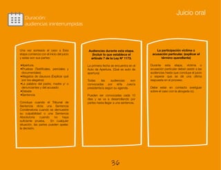 Juicio oral
Una vez sorteado el caso a Esta
etapa comienza con el inicio del juicio
y estas son sus partes:
•Apertura.
•Pruebas (Testificales, periciales y
documentales)
•Alegatos de clausura (Explicar qué
son los alegatos)
•La palabra del padre, madre y/ o
denunciantes y del acusado
•Debate
•Sentencia
Concluye cuando el Tribunal de
Sentencia dicta una Sentencia
Condenatoria cuando se demuestre
su culpabilidad o una Sentencia
Absolutoria cuando no haya
suficiente prueba. En cualquier
situación, las partes pueden apelar.
la decisión.
Audiencias durante esta etapa.
(Incluir lo que establece el
artículo 7 de la Ley Nº 1173.
La primera fecha se encuentra en el
Auto de Apertura. (Qué es auto de
apertura)
Todas las audiencias son
convocadas por el/la Juez/a
presidente/a según su agenda.
Pueden ser convocadas cada 10
días y se va a desarrollando por
partes hasta llegar a una sentencia.
La participación víctima o
acusación particular. (explicar el
término querellante)
Durante esta etapa, víctima o
acusación particular deben asistir a las
audiencias hasta que concluya el juicio
y esperar que se dé una última
respuesta en el proceso.
Debe estar en contacto averiguar
sobre el caso con la abogada (o).
Duración:
audiencias ininterrumpidas
36
 