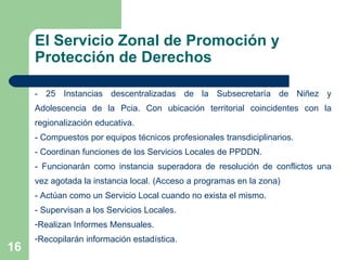 El Servicio Zonal de Promoción y Protección de Derechos - 25 Instancias descentralizadas de la Subsecretaría de Niñez y Adolescencia de la Pcia. Con ubicación territorial coincidentes con la regionalización educativa. - Compuestos por equipos técnicos profesionales transdiciplinarios. - Coordinan funciones de los Servicios Locales de PPDDN. - Funcionarán como instancia superadora de resolución de conflictos una vez agotada la instancia local. (Acceso a programas en la zona) - Actúan como un Servicio Local cuando no exista el mismo. - Supervisan a los Servicios Locales. Realizan Informes Mensuales. Recopilarán información estadística. 