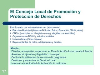 El Concejo Local de Promoción y Protección de Derechos Está formado por representantes de: (ad-honorem) Ejecutivo Municipal (áreas de D.Social, Salud, Educación,DDHH, otras) ONG´s (inscriptas en el registro único y elegidas por asamblea) Organismos de DDHH y estudios sociales Universidades (Si las hubiera) Representantes de niños, adolescentes y familias. Misión: Diseñar, acompañar, supervisar, el Plan de Acción Local para la Infancia. Asesorar al ejecutivo y legislativo municipal Controlar la utilización de recursos de programas Colaborar y supervisar al Servicio Local Informar a la Autoridad de Aplicación lo realizado 