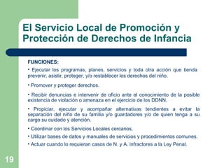 El Servicio Local de Promoción y Protección de Derechos de Infancia FUNCIONES: Ejecutar los programas, planes, servicios y toda otra acción que tienda  prevenir, asistir, proteger, y/o restablecer los derechos del niño. Promover y proteger derechos. Recibir denuncias e intervenir de oficio ante el conocimiento de la posible existencia de violación o amenaza en el ejercicio de los DDNN. Propiciar, ejecutar y acompañar alternativas tendientes a evitar la separación del niño de su familia y/o guardadores y/o de quien tenga a su cargo su cuidado y atención. Coordinar con los Servicios Locales cercanos. Utilizar bases de datos y manuales de servicios y procedimientos comunes. Actuar cuando lo requieran casos de N. y A. infractores a la Ley Penal. 