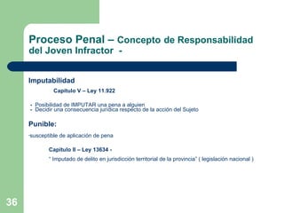 Proceso Penal –  Concepto   de Responsabilidad del Joven Infractor  - Imputabilidad   Capítulo V – Ley 11.922 -  Posibilidad de IMPUTAR una pena a alguien -  Decidir una consecuencia jurídica respecto de la acción del Sujeto Punible: susceptible de aplicación de pena Capítulo II – Ley 13634 - “  Imputado de delito en jurisdicción territorial de la provincia” ( legislación nacional ) 
