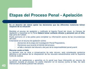 Es un derecho del niño/a apelar las decisiones que las diferentes instancias tomen respecto de su situación Recibido el recurso de apelación y notificado el Agente Fiscal del Joven, la Cámara de Apelación y Garantías en lo Penal  deberá tomar contacto directo y personal con el niño , bajo pena de nulidad. Podrá asimismo oír a las partes para completar su información acerca de las circunstancias del caso. Entenderán en el recurso de apelación contra: decisiones de la etapa de Investigación Penal Preparatoria, Decisiones que durante el trámite del proceso, el fallo o decisión del tribunal o del juez de la responsabilidad penal juvenil.  Recurso contra el fallo La decisión que se dicte a consecuencia de este recurso, será considerada sentencia definitiva a los efectos de la interposición de los recursos extraordinarios ante la Suprema Corte de Justicia. La cámara de apelaciones y garantías en lo penal que haya intervenido en recurso de apelación durante el proceso, no podrá intervenir en el recurso contra el fallo. Se dará intervención al distrito judicial más cercano.  Etapas del Proceso Penal - Apelación 