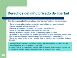 Son derechos del niño privado de libertad, entre otros, los siguientes: Tener acceso a los objetos necesarios para la higiene y aseo personal. Recibir escolarización y capacitación. Realizar actividades culturales, deportivas y de recreación. Tener acceso a los medios de comunicación social. Recibir asistencia religiosa, si así lo deseara y según su credo. Mantener la posesión de sus objetos personales que no impliquen peligro para sí o terceros y disponer las medidas para su resguardo y conservación. Tener acceso a la luz solar y al aire libre el máximo tiempo posible en cada jornada. Derechos del niño privado de libertad Las medidas impuestas a los niños cesarán por el cumplimiento de su término, de sus objetivos o por la imposición de otra.  El tiempo que el niño estuviera privado de libertad con anterioridad al dictado de la sentencia, deberá tenerse en cuenta para el cómputo de la pena. 