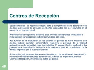 Centros de Recepción Establecimientos  de régimen cerrado, para el cumplimiento de la detención y de medidas preventivas de privación de libertad ordenadas por los Tribunales en el marco de un proceso penal.  Recepcionarán en primera instancia a los jóvenes aprehendidos (imputables o inimputables) por disposición judicial comunicada por oficio. Su función es la evaluación de los jóvenes a quienes se haya impuesto una medida judicial cautelar, sancionatoria restrictiva o privativa de la libertad ambulatoria o de seguridad para inimputables. El  equipo técnico evaluará a los jóvenes para determinar la institución más adecuada para el cumplimiento de la medida impuesta por la autoridad judicial. Si la medida judicial determinara un ámbito abierto o de semilibertad, la evaluación y derivación deberá efectuarse dentro de las 24 horas de ingreso del joven al Centro de Recepción, informando a todas las partes.   