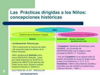 Las  Prácticas dirigidas a los Niños: concepciones históricas NIÑO   Doctrina de la Situacion Irregular Paradigma de Promoción y Protección  MENOR CIUDADANO  Remite a Identidad    Igualdad ante la ley  Juridicamente: Persona que NO ha alcanzado la mayoría de edad ; -  Se encuentra bajo los efectos de la Patria Potestad  Niño- Adolescente  Definido  como menor EQUIVALE atribuirle,  a ése,  que hasta entonces era SUJETO el estatuto de OBJETO del ejercicio del Poder de los otros: Sistema Judicial, Asistencia Social;( E. Zaffaroni ) DOCTRINA DE LA SIT.  IRREGULAR ANTIGARANTISTA - Ciudadanía : Derechos del Individuo como HOMBRE, con el sentido de UNIVERSALIDAD que le asigna a este concepto la DDHC ( T. Touraine) ;  - Hoy ser  Ciudadano  no es apenas estar al amparo del Estado en el que el Sujeto nació y tener en él Derechos: C, S, P, E, C...  Ciudadanía : refiere a las prácticas sociales y culturales que dan sentido a la pertenencia  ( Garcia Canchini – 1994 -) 