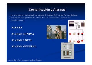 Comunicación y Alarmas
   Es necesaria la existencia de un sistema de Alarma de Evacuación y un flujo de
   comunicaciones predefinido, adecuado a las características propias del
   establecimiento.


    ALERTA

    ALARMA MÍNIMA

    ALARMA LOCAL

    ALARMA GENERAL




Lic. en Hig y Seg Leonardo Andrés Delgado
 