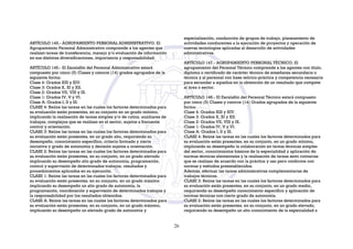 ARTÍCULO 145.- AGRUPAMIENTO PERSONAL ADMINISTRATIVO. El
Agrupamiento Personal Administrativo comprende a los agentes que
realizan tareas de transferencia, manejo y/o evaluación de información
en sus distintas diversificaciones, importancia y responsabilidad.
ARTÍCULO 146.- El Escalafón del Personal Administrativo estará
compuesto por cinco (5) Clases y catorce (14) grados agrupados de la
siguiente forma:
Clase 4: Grados XIII y XIV.
Clase 3: Grados X, XI y XII.
Clase 2: Grados VII, VIII y IX.
Clase 1: Grados IV, V y VI.
Clase A: Grados I, II y III.
CLASE 4: Reúne las tareas en las cuales los factores determinados para
su evaluación están presentes, en su conjunto en un grado mínimo,
implicando la realización de tareas simples y/o de rutina, auxiliares de
trabajos, complejos que se realizan en el sector, sujetos a frecuente
control y orientación.
CLASE 3: Reúne las tareas en las cuales los factores determinados para
su evaluación están presentes, en un grado alto, requiriendo su
desempeño, conocimiento específico, criterio formado y cierta
iniciativa y grado de autonomía y decisión sujetos a orientación.
CLASE 2: Reúne las tareas en las cuales los factores determinados para
su evaluación están presentes, en su conjunto, en un grado elevado
implicando su desempeño alto grado de autonomía, programación,
control y supervisión de determinados trabajos, resultados y
procedimientos aplicados en su ejecución.
CLASE 1: Reúne las tareas en las cuales los factores determinados para
su evaluación están presentes, en su conjunto, en un grado máximo
implicando su desempeño un alto grado de autonomía, la
programación, coordinación y supervisión de determinados trabajos y
la responsabilidad por los resultados obtenidos.
CLASE A: Reúne las tareas en las cuales los factores determinados para
su evaluación están presentes, en su conjunto, en un grado máximo,
implicando su desempeño un elevado grado de autonomía y
especialización, conducción de grupos de trabajo, planeamiento de
actividades conducentes a la ejecución de proyectos y operación de
nuevas tecnologías aplicadas al desarrollo de actividades
administrativas.
ARTÍCULO 147.- AGRUPAMIENTO PERSONAL TÉCNICO. El
agrupamiento del Personal Técnico comprende a los agentes con título,
diploma o certificado de carácter técnico de enseñanza secundaria o
técnica y al personal con base teórico-práctica y competencia necesaria
para secundar a aquellos en la obtención de un resultado que compete
al área o sector.
ARTÍCULO 148.- El Escalafón del Personal Técnico estará compuesto
por cinco (5) Clases y catorce (14) Grados agrupados de la siguiente
forma:
Clase 4: Grados XIII y XIV.
Clase 3: Grados X, XI y XII.
Clase 2: Grados VII, VIII y IX.
Clase 1: Grados IV, V y VI.
Clase A: Grados I, II y III.
CLASE 4: Reúne las tareas en las cuales los factores determinados para
su evaluación están presentes, en su conjunto, en un grado mínimo,
implicando su desempeño la colaboración en tareas técnicas simples
del sector, conocimientos básicos de la especialidad y aplicación de
normas técnicas elementales y la realización de tareas semi rutinarias
que se realizan de acuerdo con la práctica y uso pero conforme con
normas y métodos preestablecidos.
Además, efectuar las tareas administrativas complementarias de
trabajos técnicos.
CLASE 3: Reúne las tareas en las cuales los factores determinados para
su evaluación están presentes, en su conjunto, en un grado medio,
requiriendo su desempeño conocimiento específico y aplicación de
normas técnicas con cierto grado de autonomía.
CLASE 2: Reúne las tareas en las cuales los factores determinados para
su evaluación están presentes, en su conjunto, en un grado elevado,
requiriendo su desempeño un alto conocimiento de la especialidad o
26
 