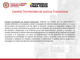 Comités Territoriales de Justicia Transicional


Comités Territoriales de Justicia Transicional. Deberán ser creados por los gobernadores y
alcaldes distritales y municipales; estarán encargados de elaborar planes de acción en el marco
de los planes de desarrollo a fin de lograr la atención, asistencia y reparación integral a las
víctimas, así como coordinarán las acciones con las entidades que conforman el Sistema Nacional
de Atención y Reparación a las Víctimas en el nivel departamental, distrital y municipal. Los
comités articularán la oferta institucional para garantizar los derechos de las víctimas a la verdad,
la justicia y la reparación, así como la materialización de las garantías de no repetición.
Coordinará las actividades en materia de inclusión social e inversión social para la población
vulnerable y adoptará las medidas conducentes a materializar la política, planes programas y
estrategias en materia de desarme, desmovilización y reintegración
 