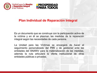 Plan Individual de Reparación Integral


Es un documento que se construye con la participación activa de
la víctima y en él se plasman las medidas de la reparación
integral según las necesidades de cada persona.

La Unidad para las Víctimas se encargará de hacer el
seguimiento personalizado del PIRI y de gestionar ante las
entidades del SNARIV para la materialización de las medidas,
además la ruta articulará la oferta institucional de otras
entidades públicas o privadas.
 