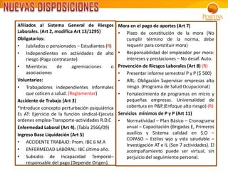 Afiliados al Sistema General de Riesgos
Laborales. (Art 2, modifica Art 13/1295)
Obligatorios:
• Jubilados o pensionados – Estudiantes (R)
• Independientes en actividades de alto
riesgo (Paga contratante)
• Miembros de agremiaciones o
asociaciones
Voluntarios:
• Trabajadores independientes informales
que coticen a salud. (Reglamentar)
Accidente de Trabajo (Art 3)
*Introduce concepto perturbación psiquiátrica
Es AT: Ejercicio de la función sindical-Ejecuta
ordenes emplea-Transporte-actividades R.D.C
Enfermedad Laboral (Art 4). (Tabla 2566/09)
Ingreso Base Liquidación (Art 5)
• ACCIDENTE TRABAJO: Prom. IBC 6 M.A
• ENFERMEDAD LABORAL: IBC último año.
• Subsidio de Incapacidad Temporal–
responsable del pago (Depende Origen).
Mora en el pago de aportes (Art 7)
• Plazo de constitución de la mora (No
cumplir término de la norma, debe
requerir para constituir mora)
• Responsabilidad del empleador por mora:
intereses y prestaciones – No desaf. Auto.
Prevención de Riesgos Laborales (Art 8) (R)
• Presentar informe semestral P y P ($ 500)
• ARL: Obligación Supervisar empresas alto
riesgo. (Programa de Salud Ocupacional)
• Fortalecimiento de programas en micro y
pequeñas empresas. Universalidad de
cobertura en P&P.(Enfoque alto riesgo) (R)
Servicios mínimos de P y P (Art 11)
• Normatividad – Plan Básico – Cronograma
anual – Capacitación (Brigadas E, Primeros
auxilios y Sistema calidad en S.O –
COPASO – Estilos wjo y vida saludable –
Investigación AT e IL (Son 7 actividades). El
acompañamiento puede ser virtual, sin
perjuicio del seguimiento personal.
 