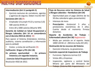 Intermediación (Art 11 parágrafo 5)
• Ejercicio exclusivo de corredores, agentes
y agencias de seguros. Deben inscribir M.T
Sanciones (Art 13) (R)
• Empleador (incumplir P.S.O y normas S.O)
- 500 salarios M.M.L.V
- Entre 20 y 1000 salarios (Muerte WR)
Garantía de Calidad en Salud Ocupacional y
Riesgos Laborales (Art 14 en concordancia
con el decreto 2923 de 2011) (R)
Para operar el Sistema (Estándares mínimos,
auditoria, sistema acreditación y información
para la calidad)
• Costos y visitas de verificación (R)
Calificación Origen y PCL (Art 18)
En primera oportunidad - En primera
instancia y en segunda instancia.
. Licencias Salud Ocupacional (Art 23)
Resolución 4502 de 2012.
Flujo de Recursos entre los Sistema de Salud
y Riesgos Laborales – Rembolsos (Art 24)
• Oportunidad para el pago (Dentro de los
30 días calendario sgtes presentación)
• Intereses de mora
• Prescripción: Asistencial 5 años y
prestaciones económicas de 3 años.
Cuenta desde el momento firmeza
dictamen.
Reporte de Accidentes de Trabajo –
Enfermedad Laboral (Art 30) Reglamentar
• Multa por omisión en el reporte. Hasta
1000 S.M.M.L.V . (Mínimo multa 20 S.M.)
Destinación de los recursos del Sistema
• Exención tributaria, no gravámenes.
Comisión especial de Inspectores de Trabajo
• Funciones: Vigilancia normas S.O
• Visitas ARL y Empresas
• Inspección, vigilancia y control Sector
Minero por parte del Ministerio del
Trabajo. (Sistema NAL Inspecciones)
 