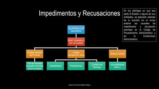 Impedimentos y Recusaciones
Los Árbitros y los
Secretarios
Están impedidos y
son recusables
Código General
del Proceso
Por las mismas
causales previstas
para los jueces
Código
Disciplinario Único
Inhabilidades Prohibiciones
Conflicto de
Intereses
Estatuto Arbitral
Incumplimiento
del D.I.
Alvaro Hernán Mejia Mejia
En los arbitrajes en que sea
parte el Estado o alguna de sus
entidades, se aplicarán además
de lo previsto en el inciso
anterior las causales de
impedimento y recusación
previstas en el Código de
Procedimiento Administrativo y
de lo Contencioso
Administrativo.
 