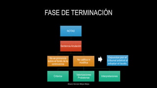 FASE DE TERMINACIÓN
Alvaro Hernán Mejia Mejia
NOTAS
Sentencia Anulación
No se pronuncia
sobre el fondo de la
controversia
No califica ni
modifica
Criterios
Valorizaciones
Probatorias
Interpretaciones
Expuestas por el
tribunal arbitral al
adoptar el laudo.
 