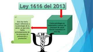 Como psicólogos es
importante conocer los
procesos de salud
mental expuestas en
esta ley.
Esta ley haría
mayor referencia a
la psicología de la
salud, ya que esta
habla
principalmente de
los procesos de
prevención y
promoción
 