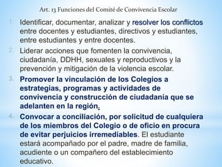 Art. 13 Funciones del Comité de Convivencia Escolar 
1. Identificar, documentar, analizar y resolver los conflictos 
entre docentes y estudiantes, directivos y estudiantes, 
entre estudiantes y entre docentes. 
2. Liderar acciones que fomenten la convivencia, 
ciudadanía, DDHH, sexuales y reproductivos y la 
prevención y mitigación de la violencia escolar. 
3. Promover la vinculación de los Colegios a 
estrategias, programas y actividades de 
convivencia y construcción de ciudadanía que se 
adelanten en la región. 
4. Convocar a conciliación, por solicitud de cualquiera 
de los miembros del Colegio o de oficio en procura 
de evitar perjuicios irremediables. El estudiante 
estará acompañado por el padre, madre de familia, 
acudiente o un compañero del establecimiento 
educativo. 
 