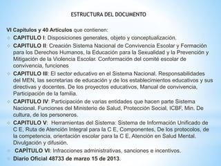 ESTRUCTURA DEL DOCUMENTO 
VI Capítulos y 40 Artículos que contienen: 
 CAPITULO I: Disposiciones generales, objeto y conceptualización. 
 CAPITULO II: Creación Sistema Nacional de Convivencia Escolar y Formación 
para los Derechos Humanos, la Educación para la Sexualidad y la Prevención y 
Mitigación de la Violencia Escolar. Conformación del comité escolar de 
convivencia, funciones 
 CAPITULO III: El sector educativo en el Sistema Nacional. Responsabilidades 
del MEN, las secretarias de educación y de los establecimientos educativos y sus 
directivas y docentes. De los proyectos educativos, Manual de convivencia, 
Participación de la familia. 
 CAPITULO IV: Participación de varias entidades que hacen parte Sistema 
Nacional. Funciones del Ministerio de Salud, Protección Social, ICBF, Min. De 
cultura, de los personeros. 
 CAPITULO V: Herramientas del Sistema: Sistema de Información Unificado de 
C E, Ruta de Atención Integral para la C E, Componentes, De los protocolos, de 
la competencia, orientación escolar para la C E, Atención en Salud Mental. 
Divulgación y difusión. 
 CAPÍTULO VI: Infracciones administrativas, sanciones e incentivos. 
 Diario Oficial 48733 de marzo 15 de 2013. 
 