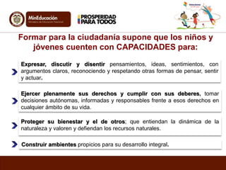 Formar para la ciudadanía supone que los niños y 
jóvenes cuenten con CAPACIDADES para: 
Expresar, discutir y disentir pensamientos, ideas, sentimientos, con 
argumentos claros, reconociendo y respetando otras formas de pensar, sentir 
y actuar. 
Ejercer plenamente sus derechos y cumplir con sus deberes, tomar 
decisiones autónomas, informadas y responsables frente a esos derechos en 
cualquier ámbito de su vida. 
Proteger su bienestar y el de otros; que entiendan la dinámica de la 
naturaleza y valoren y defiendan los recursos naturales. 
Construir ambientes propicios para su desarrollo integral. 
 