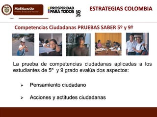 ESTRATEGIAS COLOMBIA 
Competencias Ciudadanas PRUEBAS SABER 5º y 9º 
La prueba de competencias ciudadanas aplicadas a los 
estudiantes de 5º y 9 grado evalúa dos aspectos: 
 Pensamiento ciudadano 
 Acciones y actitudes ciudadanas 
 