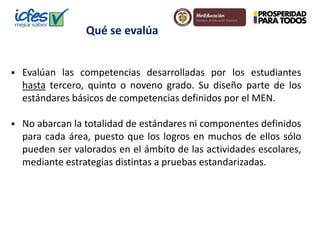 Qué se evalúa 
 Evalúan las competencias desarrolladas por los estudiantes 
hasta tercero, quinto o noveno grado. Su diseño parte de los 
estándares básicos de competencias definidos por el MEN. 
 No abarcan la totalidad de estándares ni componentes definidos 
para cada área, puesto que los logros en muchos de ellos sólo 
pueden ser valorados en el ámbito de las actividades escolares, 
mediante estrategias distintas a pruebas estandarizadas. 
 