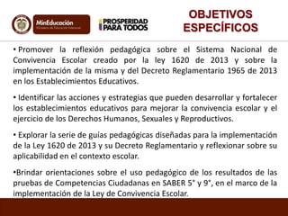 OBJETIVOS 
ESPECÍFICOS 
• Promover la reflexión pedagógica sobre el Sistema Nacional de 
Convivencia Escolar creado por la ley 1620 de 2013 y sobre la 
implementación de la misma y del Decreto Reglamentario 1965 de 2013 
en los Establecimientos Educativos. 
• Identificar las acciones y estrategias que pueden desarrollar y fortalecer 
los establecimientos educativos para mejorar la convivencia escolar y el 
ejercicio de los Derechos Humanos, Sexuales y Reproductivos. 
• Explorar la serie de guías pedagógicas diseñadas para la implementación 
de la Ley 1620 de 2013 y su Decreto Reglamentario y reflexionar sobre su 
aplicabilidad en el contexto escolar. 
•Brindar orientaciones sobre el uso pedagógico de los resultados de las 
pruebas de Competencias Ciudadanas en SABER 5° y 9°, en el marco de la 
implementación de la Ley de Convivencia Escolar. 
 