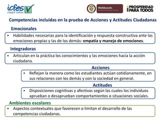 Competencias incluidas en la prueba de Acciones y Actitudes Ciudadanas 
Emocionales 
 Habilidades necesarias para la identificación y respuesta constructiva ante las 
emociones propias y las de los demás: empatía y manejo de emociones. 
Integradoras 
 Articulan en la práctica los conocimientos y las emociones hacia la acción 
ciudadana. 
Acciones 
 Reflejan la manera como los estudiantes actúan cotidianamente, en 
sus relaciones con los demás y con la sociedad en general. 
Actitudes 
 Disposiciones cognitivas y afectivas según las cuales los individuos 
aprueban o desaprueban comportamientos o situaciones sociales. 
Ambientes escolares 
 Aspectos contextuales que favorecen o limitan el desarrollo de las 
competencias ciudadanas. 
 