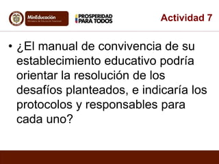 Actividad 7 
• ¿El manual de convivencia de su 
establecimiento educativo podría 
orientar la resolución de los 
desafíos planteados, e indicaría los 
protocolos y responsables para 
cada uno? 
 