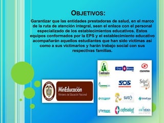 OBJETIVOS:
Garantizar que las entidades prestadoras de salud, en el marco
 de la ruta de atención integral, sean el enlace con el personal
   especializado de los establecimientos educativos. Estos
equipos conformados por la EPS y el establecimiento educativo
 acompañarán aquellos estudiantes que han sido víctimas así
     como a sus victimarios y harán trabajo social con sus
                      respectivas familias.
 
