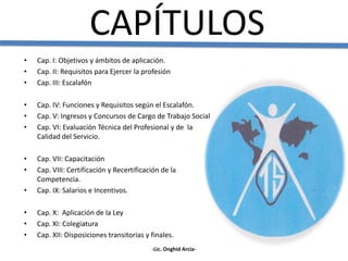 CAPÍTULOS
• Cap. I: Objetivos y ámbitos de aplicación.
• Cap. II: Requisitos para Ejercer la profesión
• Cap. III: Escalaf...